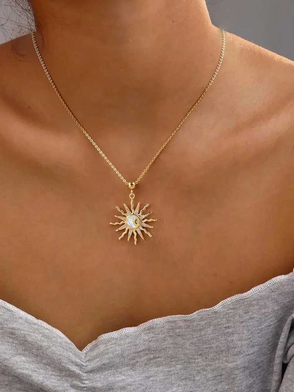 Celestial 14K Gold Plated Sun & Moon Pendant Necklace with Mother of Pearl